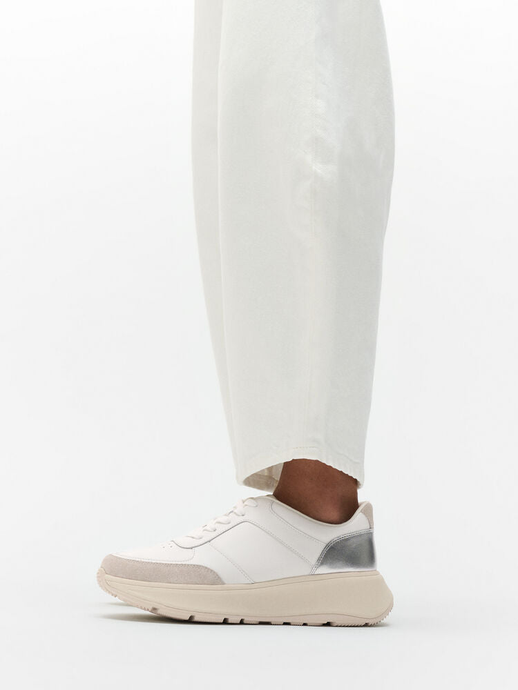 F-Mode Leather/Suede/Metallic Flatform Trainers  Urban White/Silver