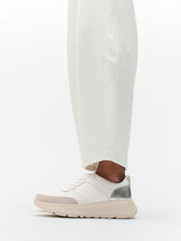 F-Mode Leather/Suede/Metallic Flatform Trainers  Urban White/Silver