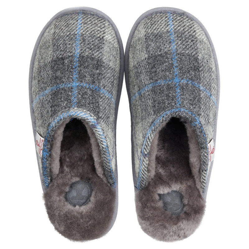 Slippers Harris Tweed Sheepskin Mens Mules Grey