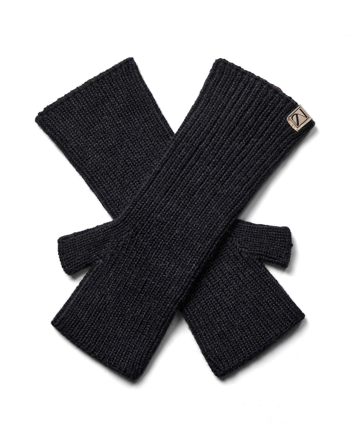 A pair of Mos Mosh Tova ribbed knit wool  fingerless gloves in a dark taupe-brown colour, The Shoe Gallery