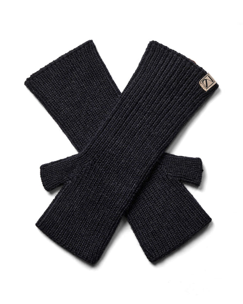 A pair of Mos Mosh Tova ribbed knit wool  fingerless gloves in a dark taupe-brown colour, The Shoe Gallery