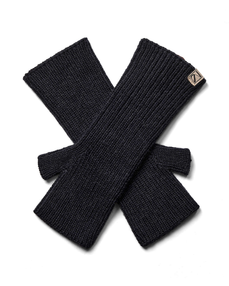 A pair of Mos Mosh Tova ribbed knit wool  fingerless gloves in a dark taupe-brown colour, The Shoe Gallery