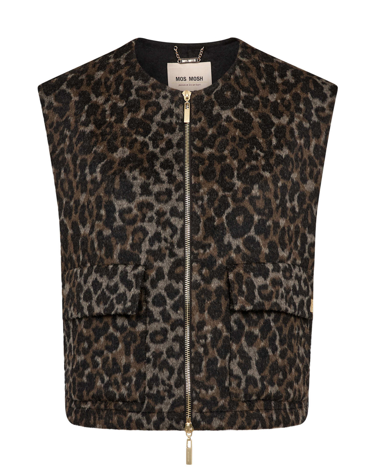 A Mos Mosh sleeveless cropped vest with a brown and black leopard print pattern, featuring a front zipper, two front flap pockets available at The SHOE GALLERY