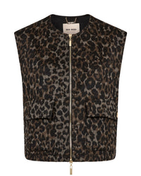 A Mos Mosh sleeveless cropped vest with a brown and black leopard print pattern, featuring a front zipper, two front flap pockets available at The SHOE GALLERY