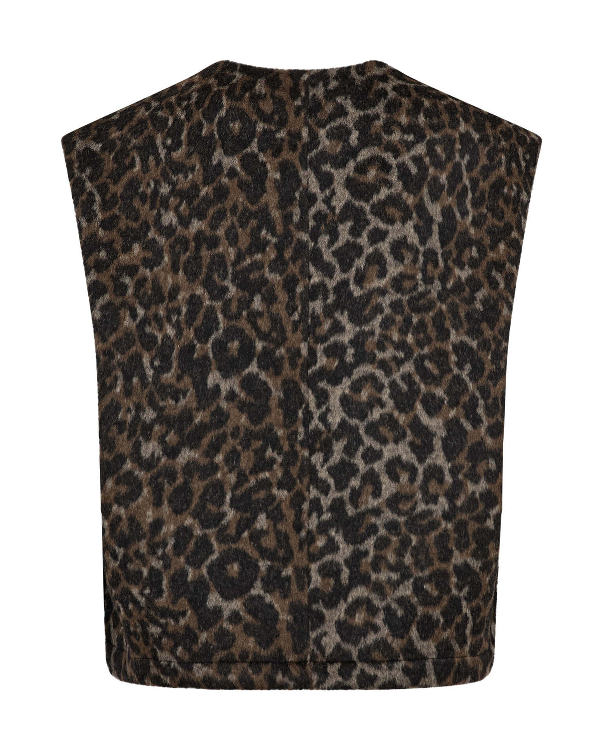 A Mos Mosh sleeveless cropped vest with a brown and black leopard print pattern, featuring a front zipper, two front flap pockets available at The SHOE GALLERY, back view