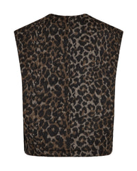 A Mos Mosh sleeveless cropped vest with a brown and black leopard print pattern, featuring a front zipper, two front flap pockets available at The SHOE GALLERY, back view