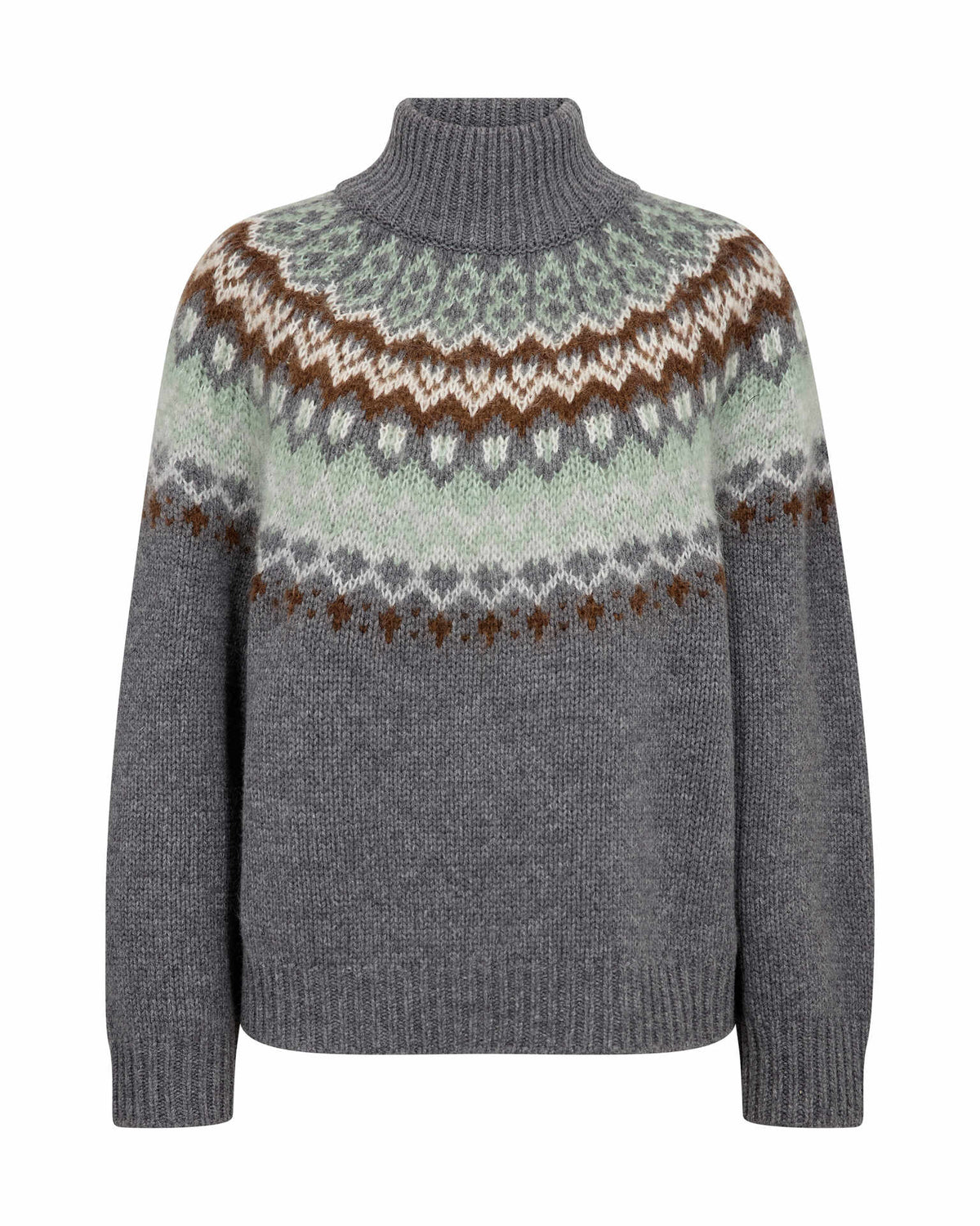 A grey high neck Mos Mosh sweater featuring a detailed Fair Isle pattern across the yoke and upper chest in shades of brown, frosty green, white available at The SHOE GALLERY