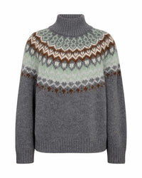 A grey high neck Mos Mosh sweater featuring a detailed Fair Isle pattern across the yoke and upper chest in shades of brown, frosty green, white available at The SHOE GALLERY