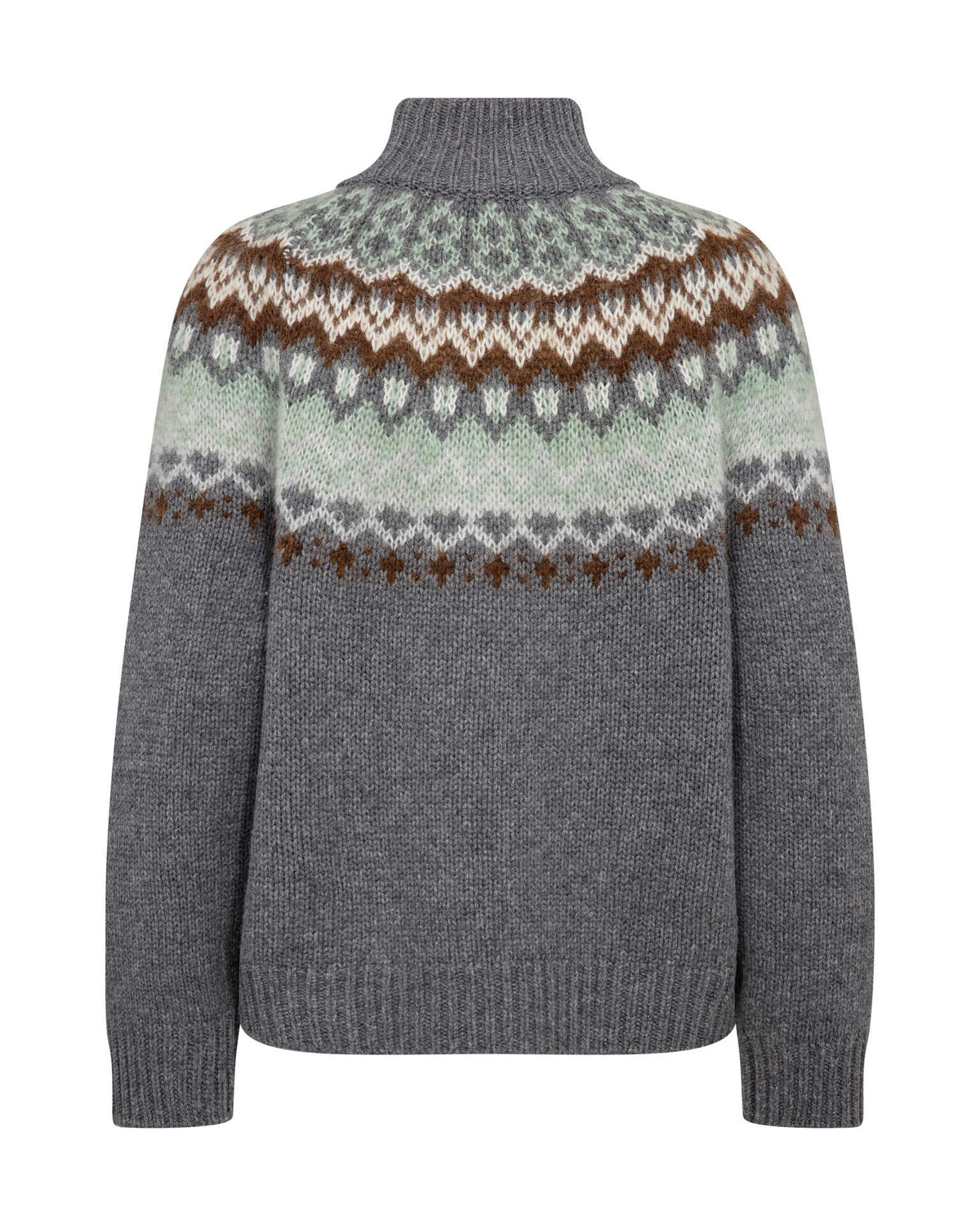 A grey high neck Mos Mosh sweater featuring a detailed Fair Isle pattern across the yoke and upper chest in shades of brown, frosty green, white available at The SHOE GALLERY - reverse view.