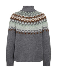 A grey high neck Mos Mosh sweater featuring a detailed Fair Isle pattern across the yoke and upper chest in shades of brown, frosty green, white available at The SHOE GALLERY - reverse view.