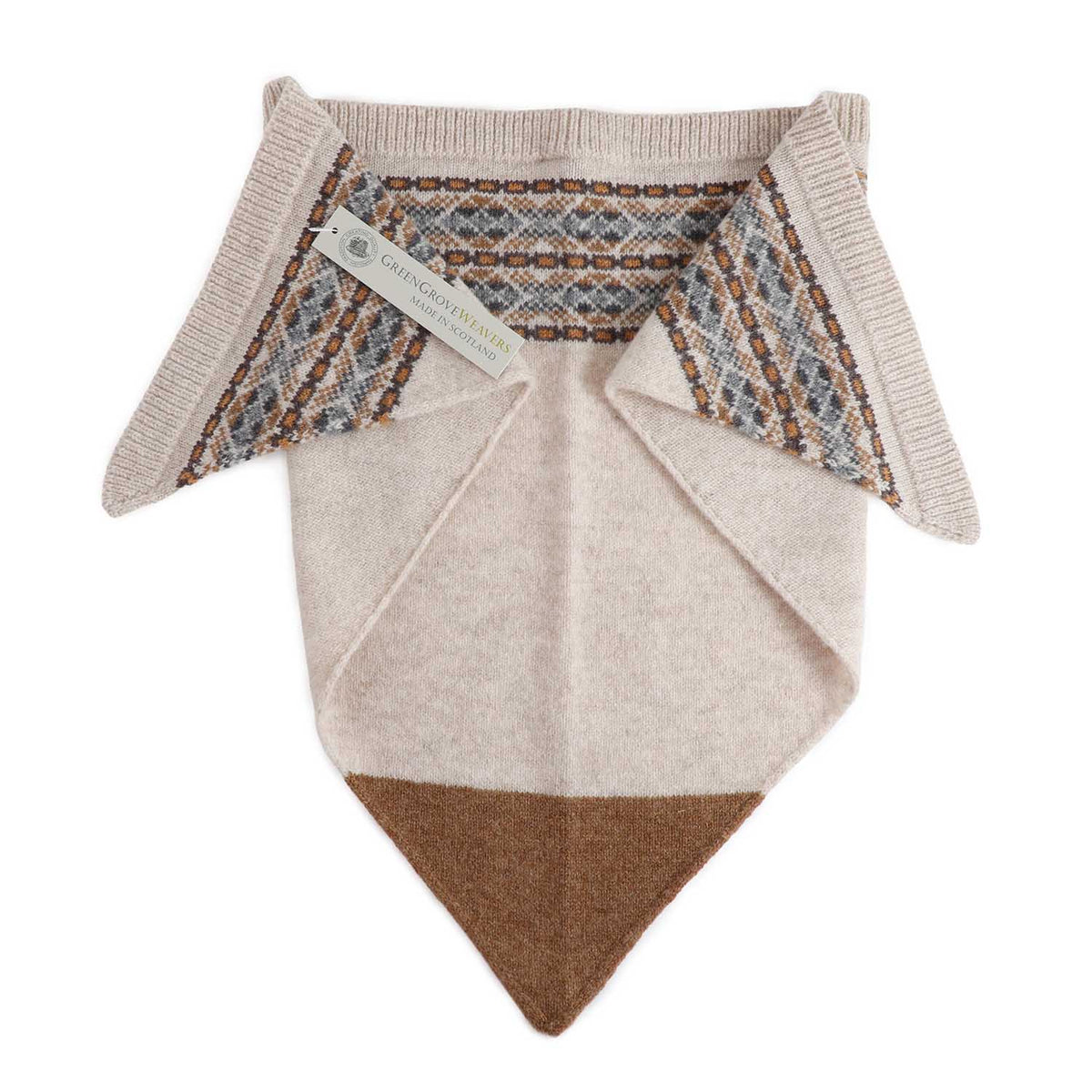Fair Isle style wool knit neckerchief in sand with tones of brown and grey made in Scotland by Green Grove Weavers 