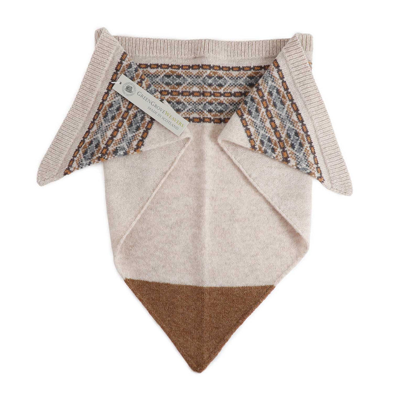 Fair Isle style wool knit neckerchief in sand with tones of brown and grey made in Scotland by Green Grove Weavers 