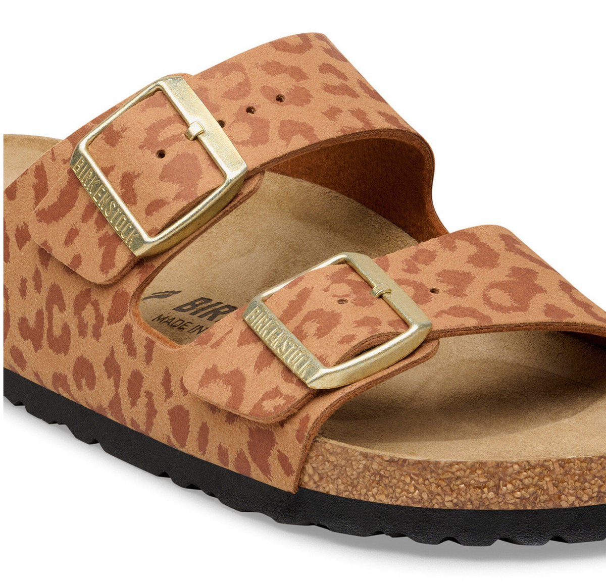 Brown leopardprint Arizona Birkenstock sandal with gold buckle on a white background