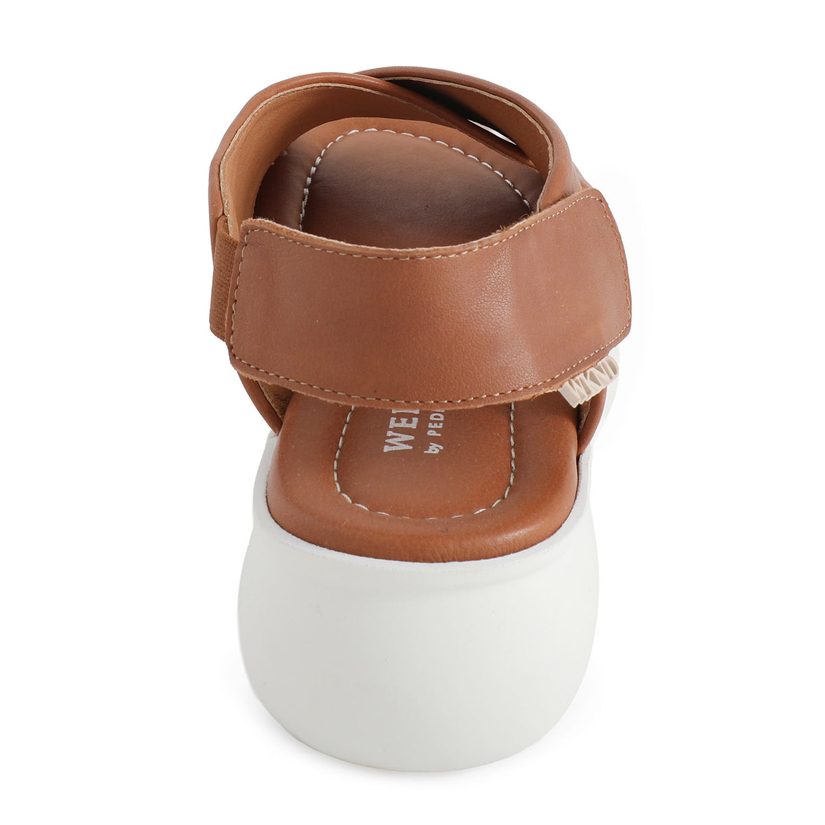 soft leather tan sandals with velcro fastening and cushioned white sole