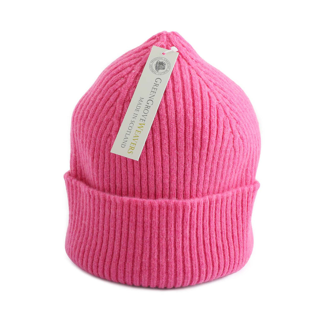 A bright bubblegum pink woollen beanie hat made in Scotland by Green Grove Weavers