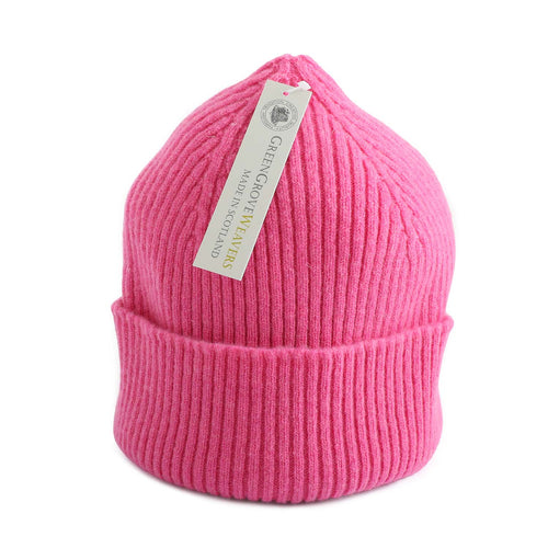 A bright bubblegum pink woollen beanie hat made in Scotland by Green Grove Weavers