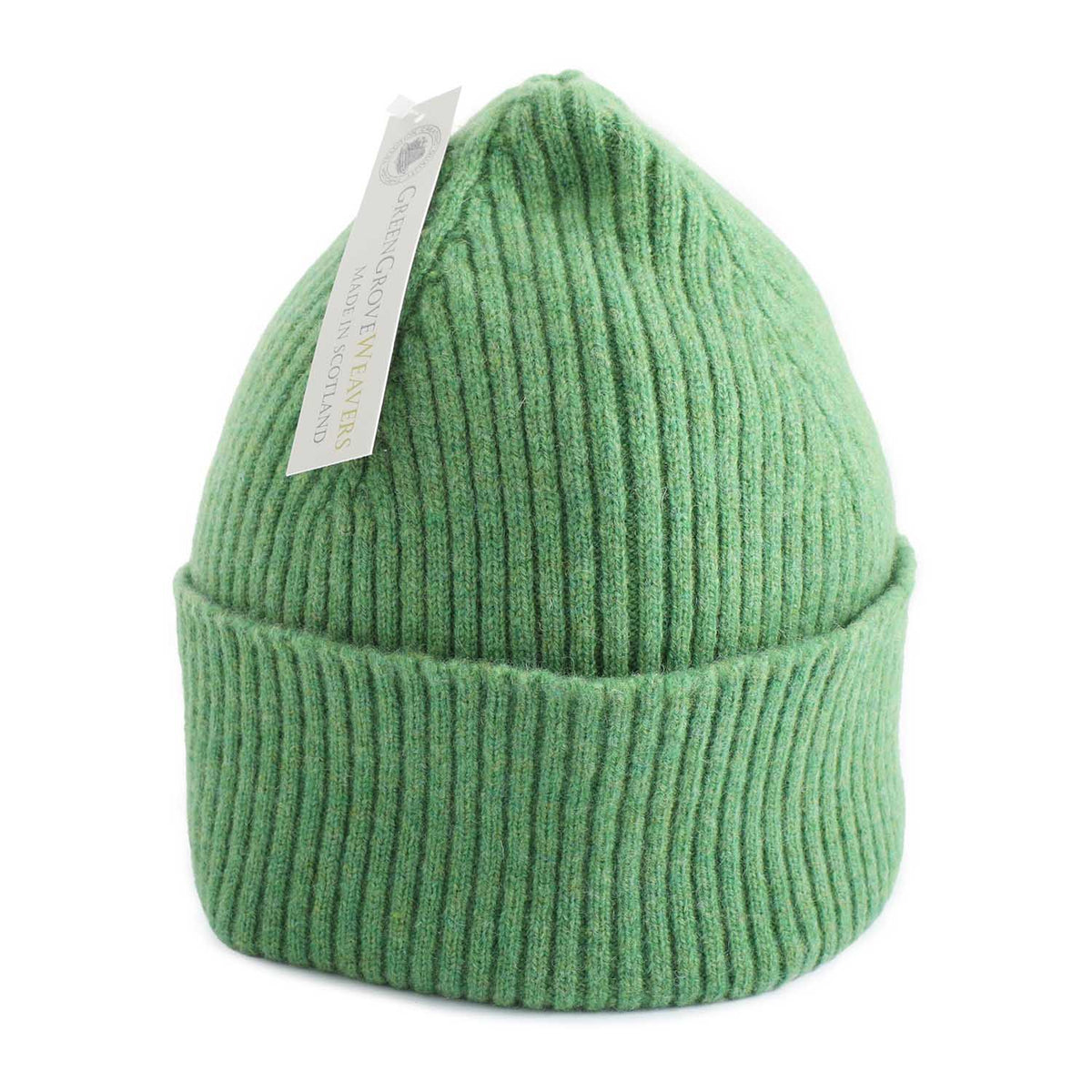 A green ribbed wool knit beanie hat with a folded cuff made in Scotland by Green Grove Weavers