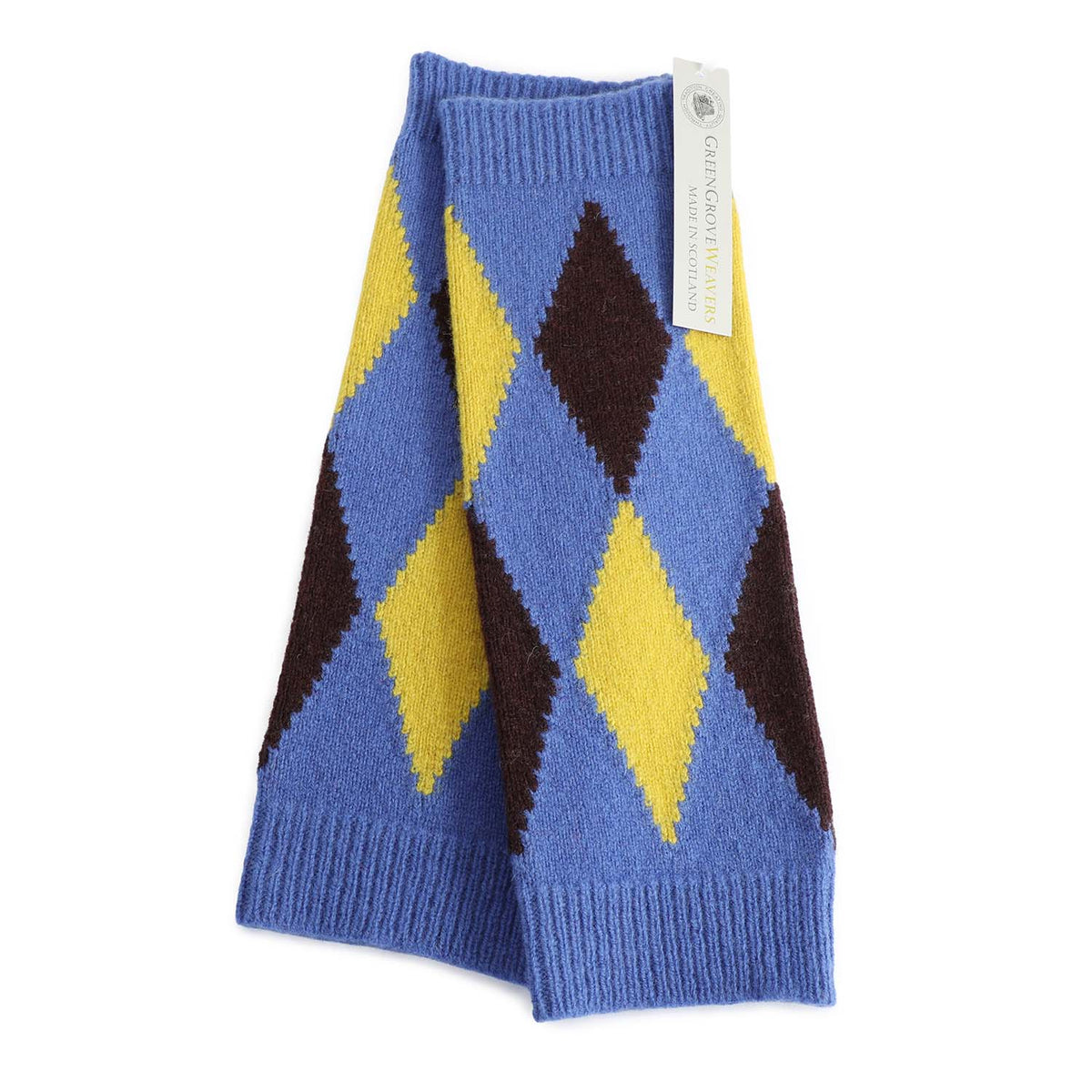 Pure wool wrist warmers in blue with diamond pattern in yellow and brown made in Scotland by Green Grove Weavers and available at The Shoe Gallery