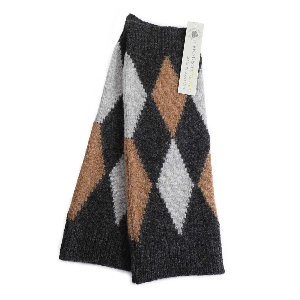 Woollen wrist warmers featuring an argyle pattern in charcoal grey, light grey, tan, and brown made in Scotland by Green Grove Weavers