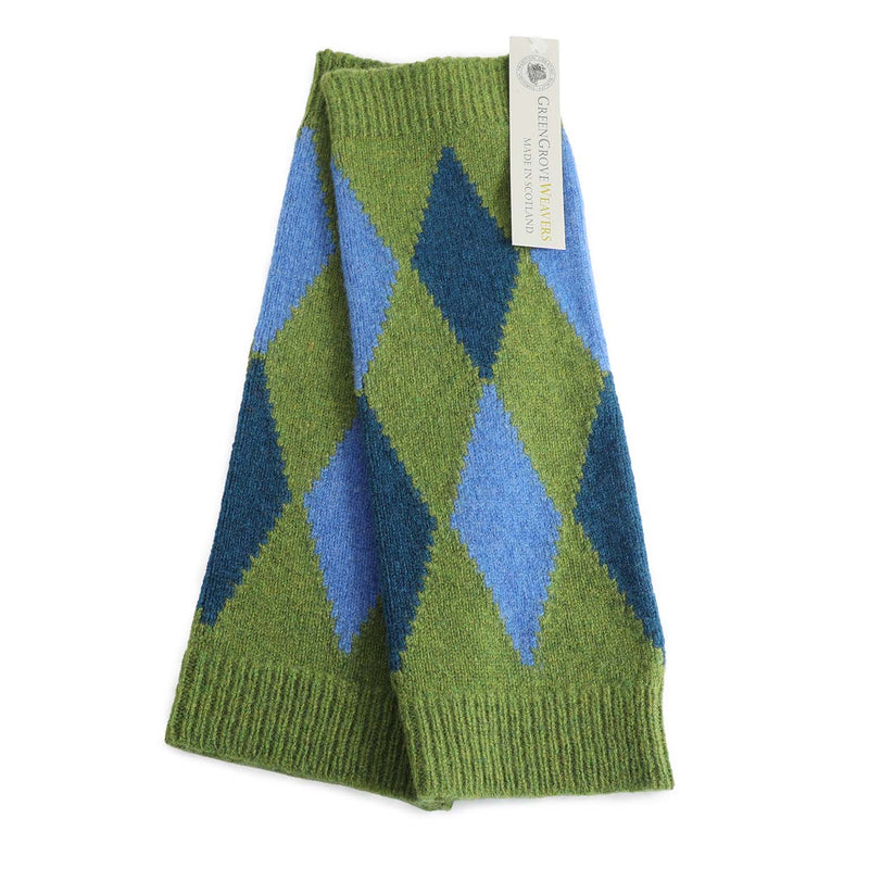 Pure wool wrist warmers in green with diamond pattern in two tones of blue made in Scotland by Green Grove Weavers and available at The Shoe Gallery