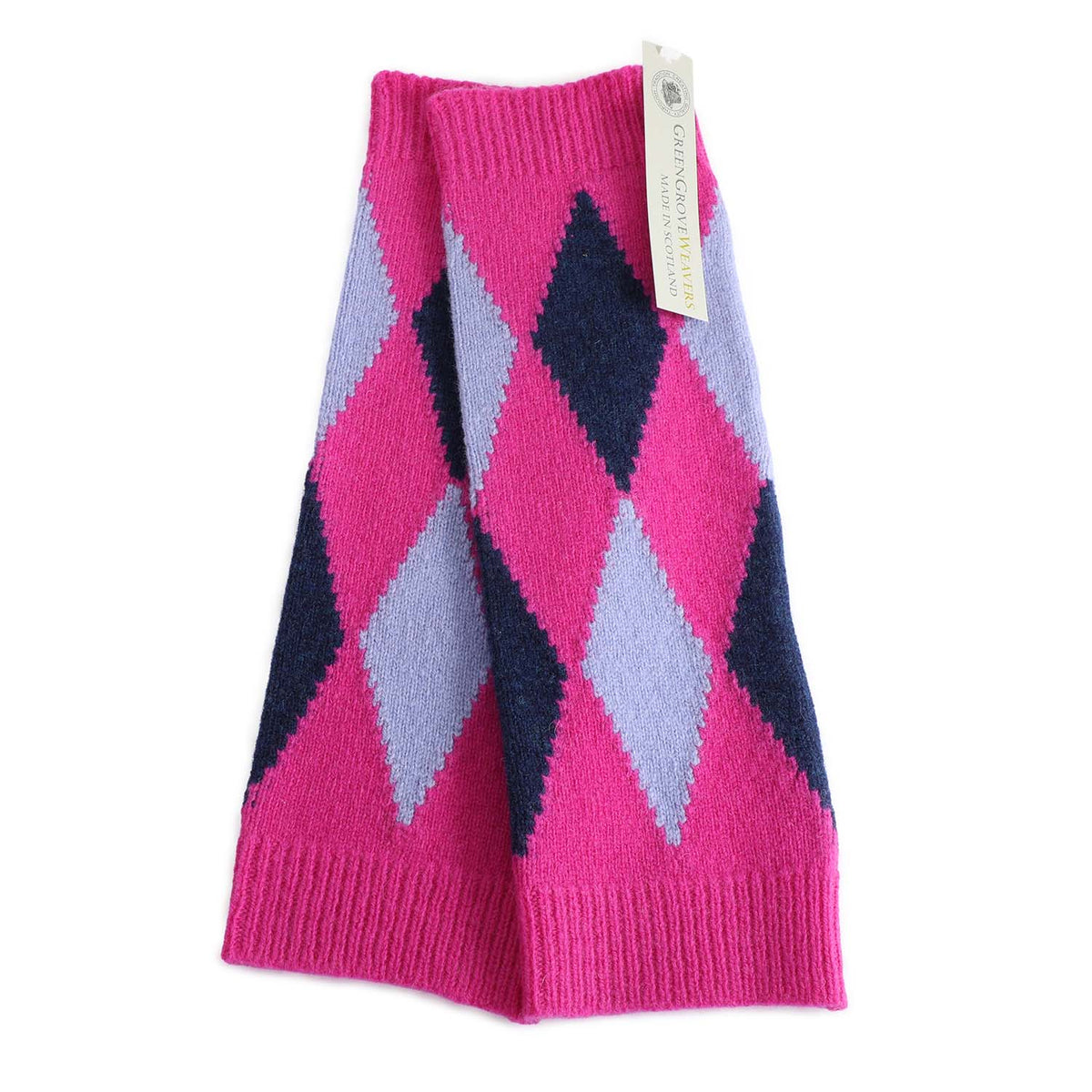 Pure wool wrist warmers in cerise with diamond pattern in lilac and navy made in Scotland by Green Grove Weavers and available at The Shoe Gallery