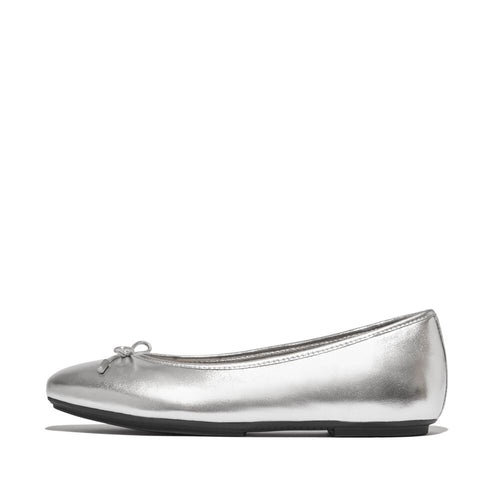 Delicato Bow Soft Metallic Leather Ballerinas Silver