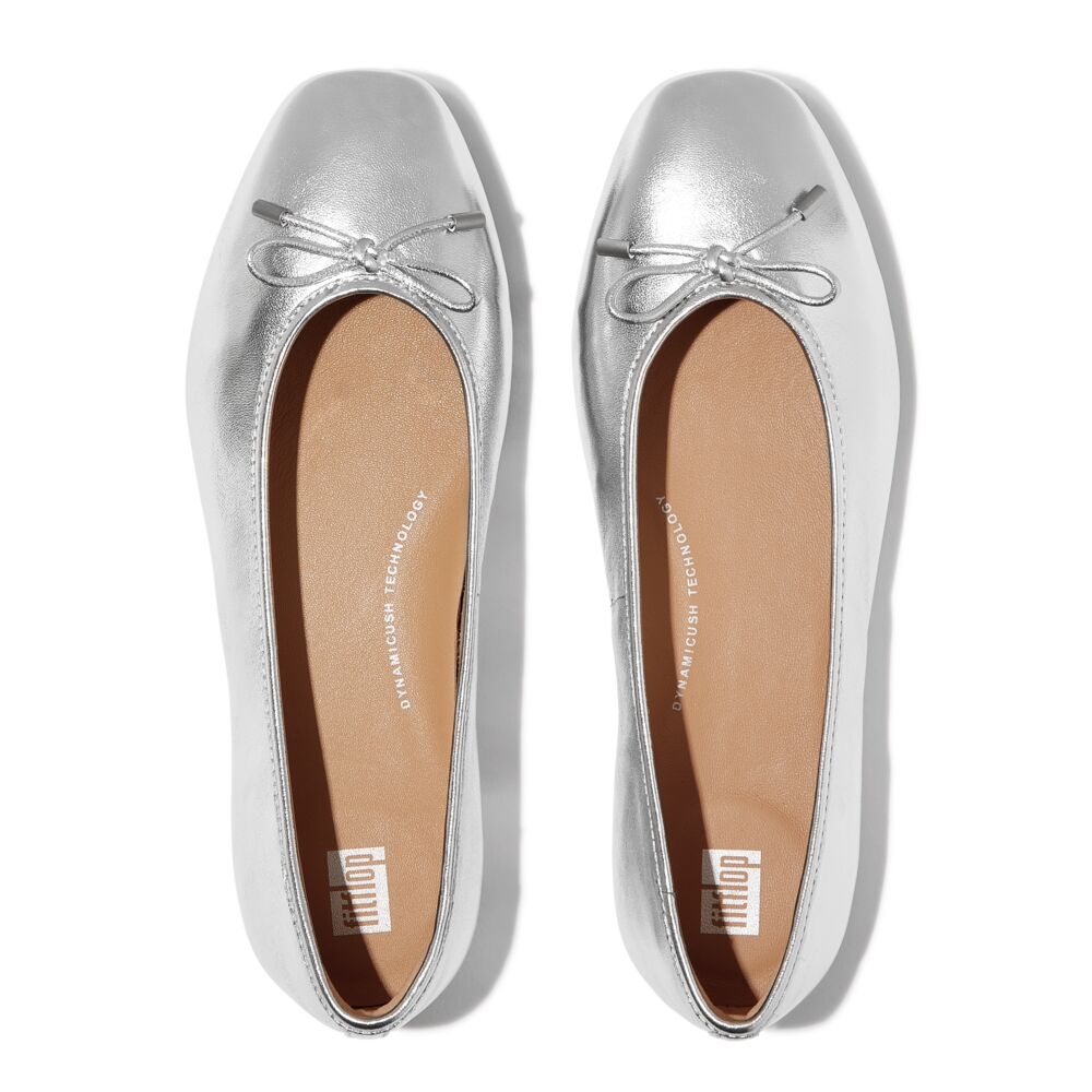 Delicato Bow Soft Metallic Leather Ballerinas Silver The Shoe Gallery