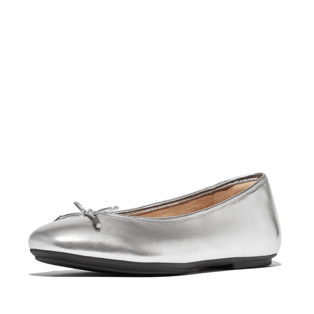 Delicato Bow Soft Metallic Leather Ballerinas Silver