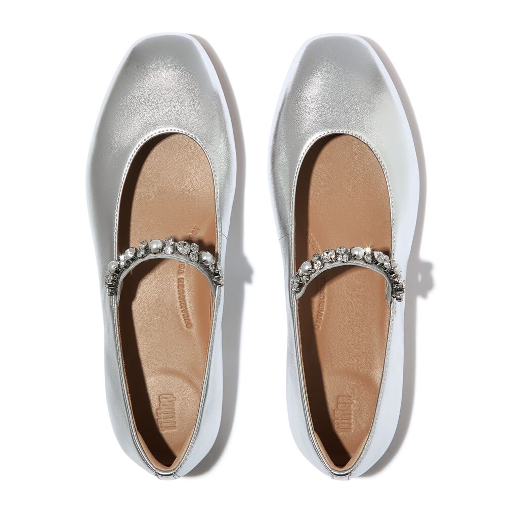 DELICATO Pearls-And-Crystal Soft-Leather Mary Janes Silver