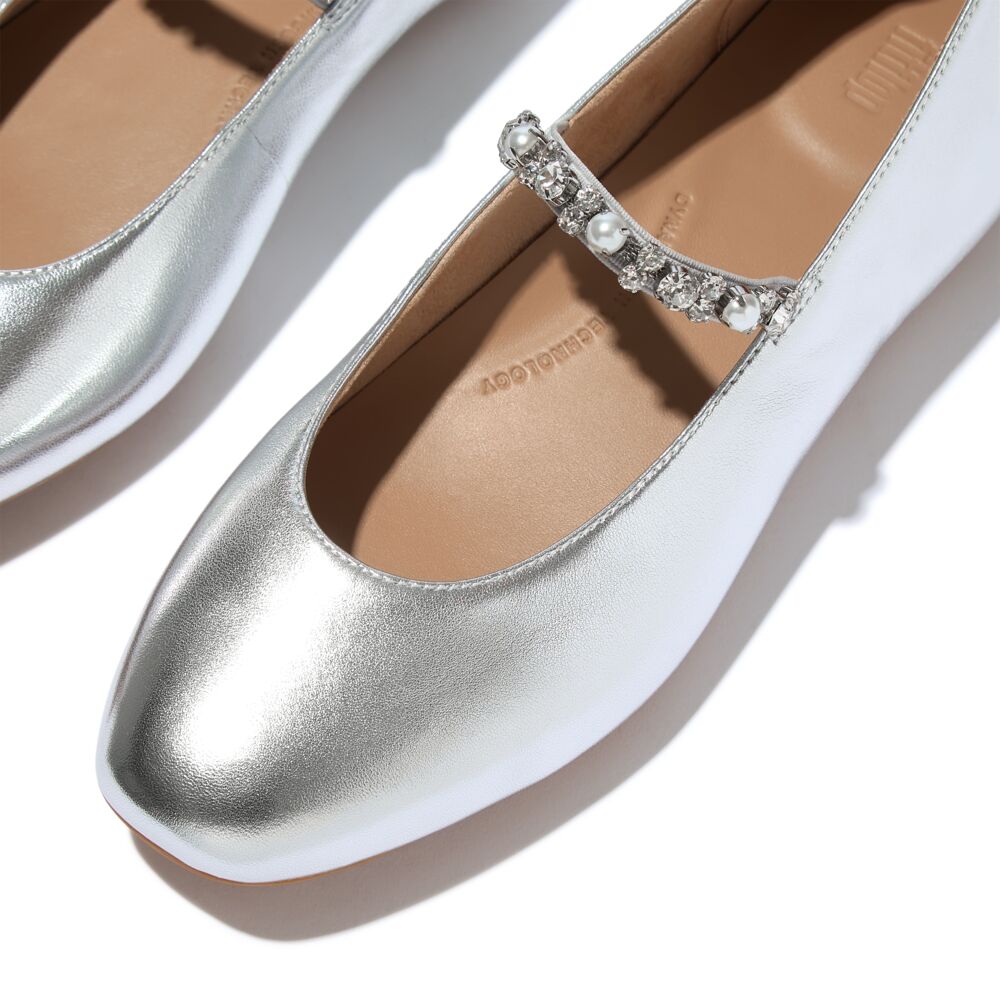 DELICATO Pearls-And-Crystal Soft-Leather Mary Janes Silver