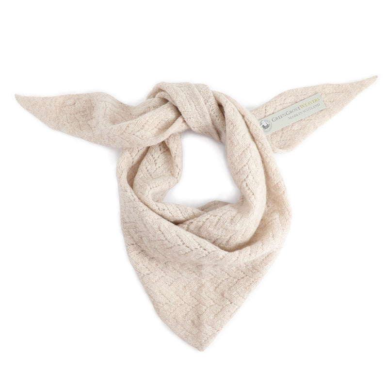 Pretty beige wool filigree knit neckerchief made in Scotland by Green Grove Weavers 