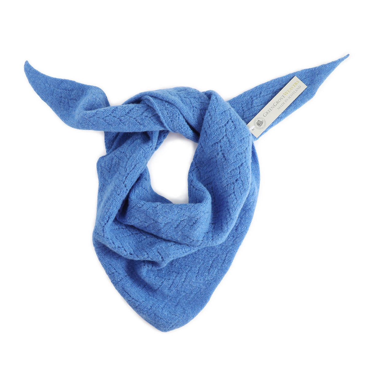 Pretty sky blue wool filigree knit neckerchief made in Scotland by Green Grove Weavers 