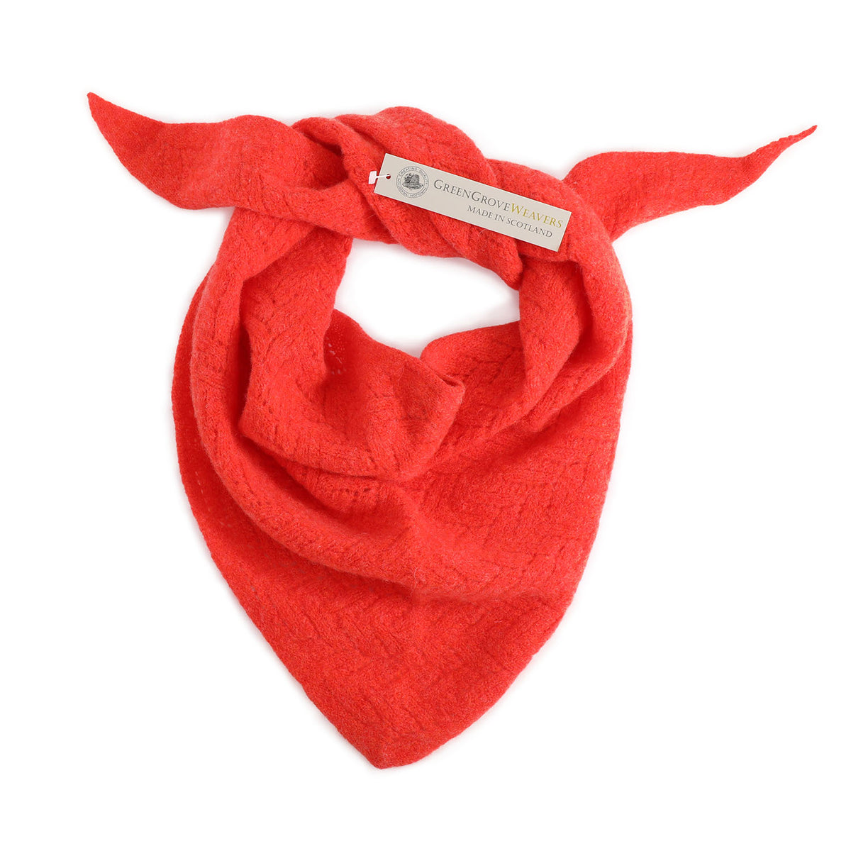 Pretty bright coral wool filigree knit neckerchief made in Scotland by Green Grove Weavers 