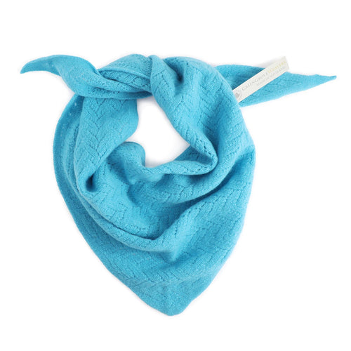 Pretty bright turquoise wool filigree knit neckerchief made in Scotland by Green Grove Weavers 