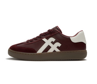 FitFlop Dash Trainer  in dark merlot leather with suede toe and cream toned fitflop branding on the side and at the heel.