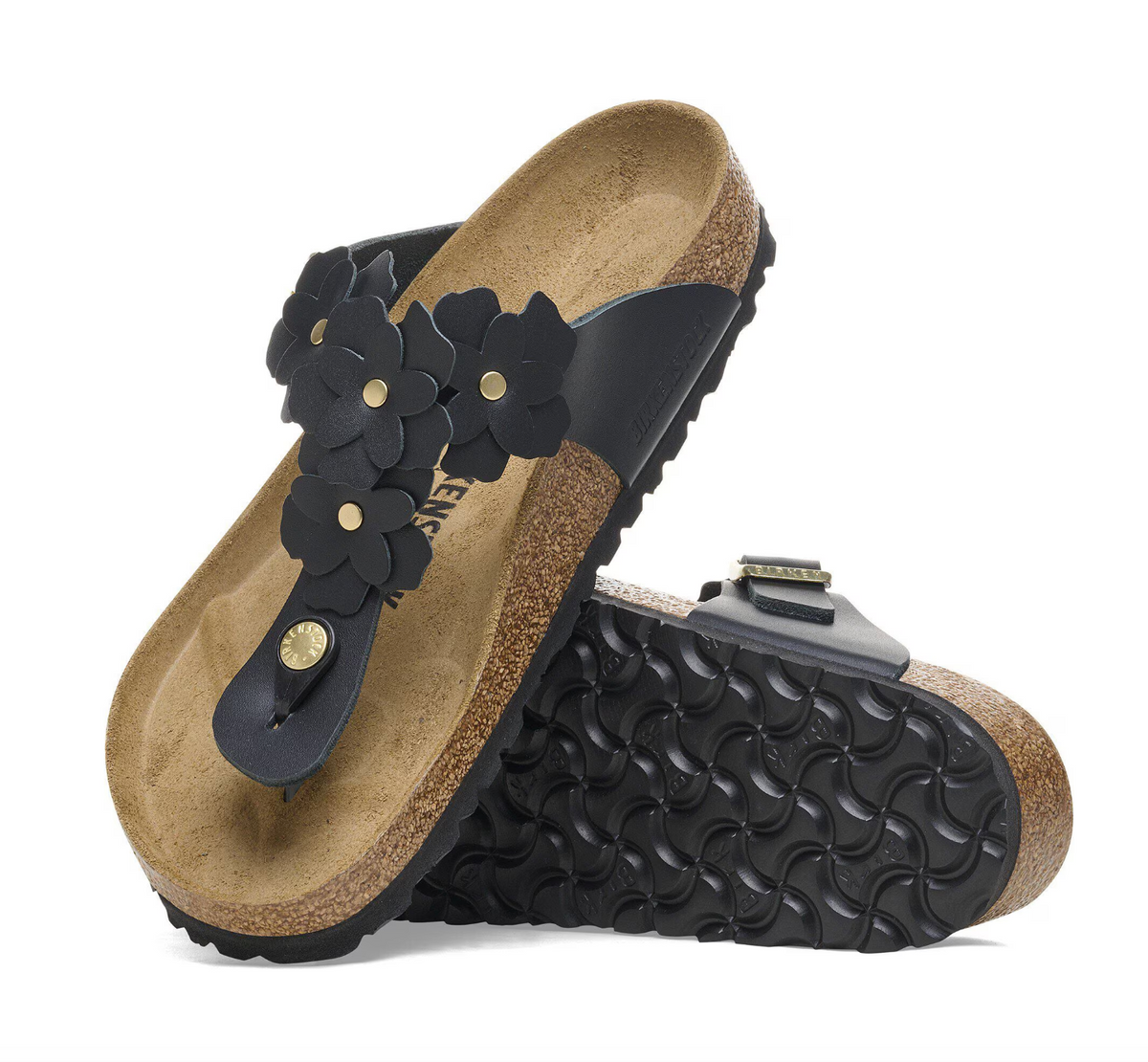 Gizeh Flower Embellishment Black Leather Sandal