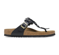 birkenstock black flower embellished Gizeh sandals with buckle closure, side view
