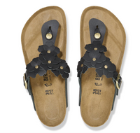 birkenstock black flower embellished Gizeh sandals with buckle closure, overhead viewpoint