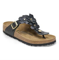 birkenstock black flower embellished Gizeh sandal with buckle closure, outside side view