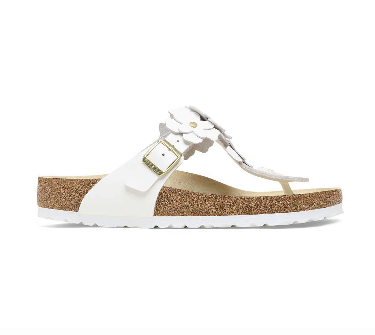 Birkenstock white leather flower embellished sandal with buckle closure