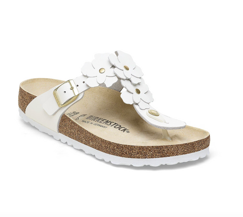 Birkenstock white leather flower embellished sandals with buckle closure