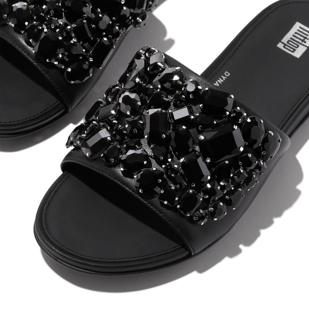 Gracie Jewel Deluxe Leather Slide Sandals Black