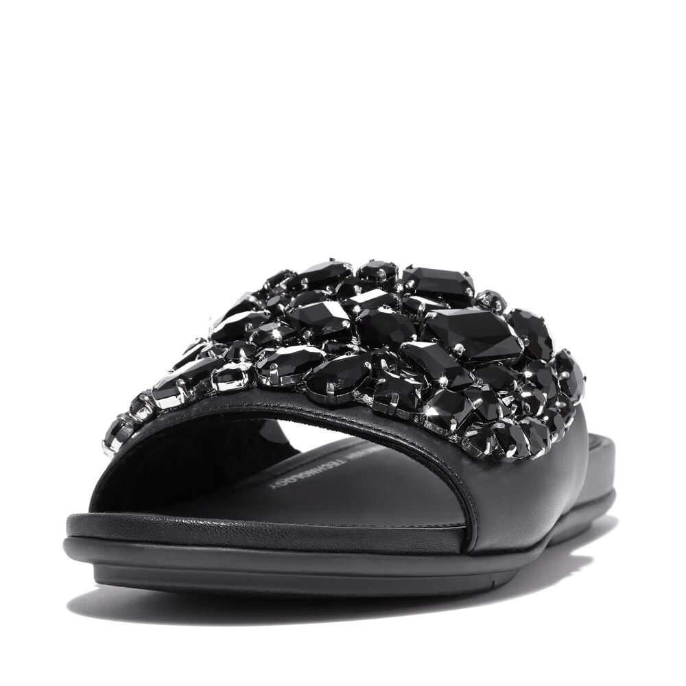 Gracie Jewel Deluxe Leather Slide Sandals Black