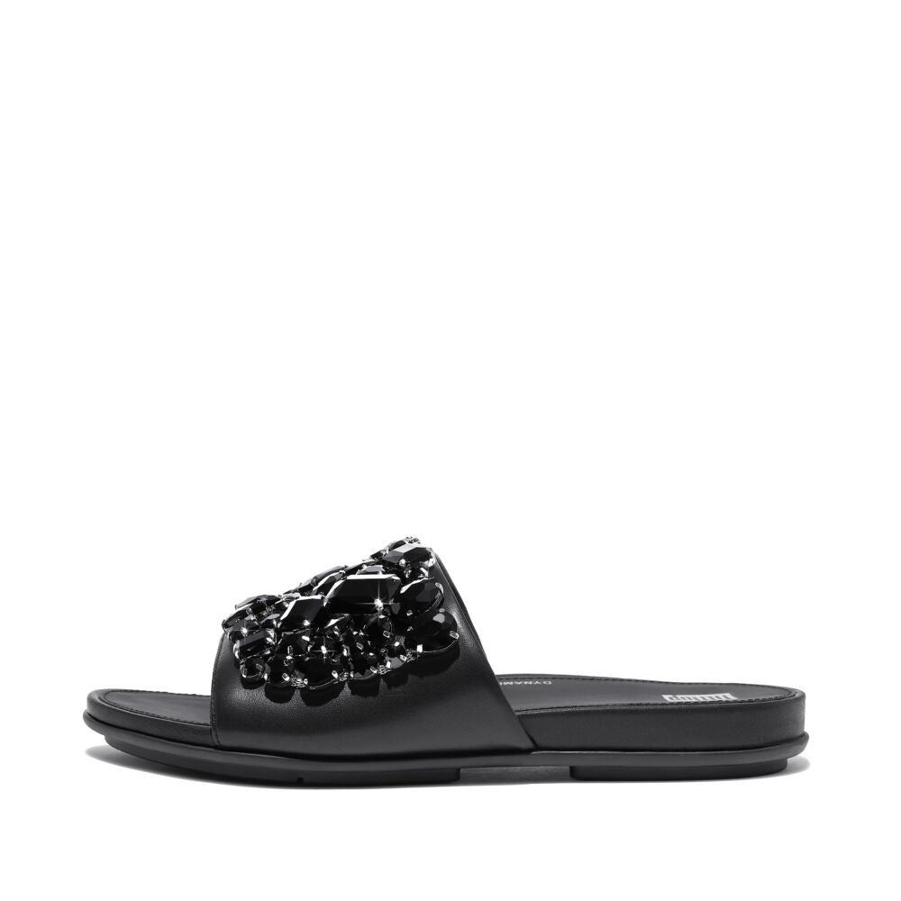 Gracie Jewel Deluxe Leather Slide Sandals Black