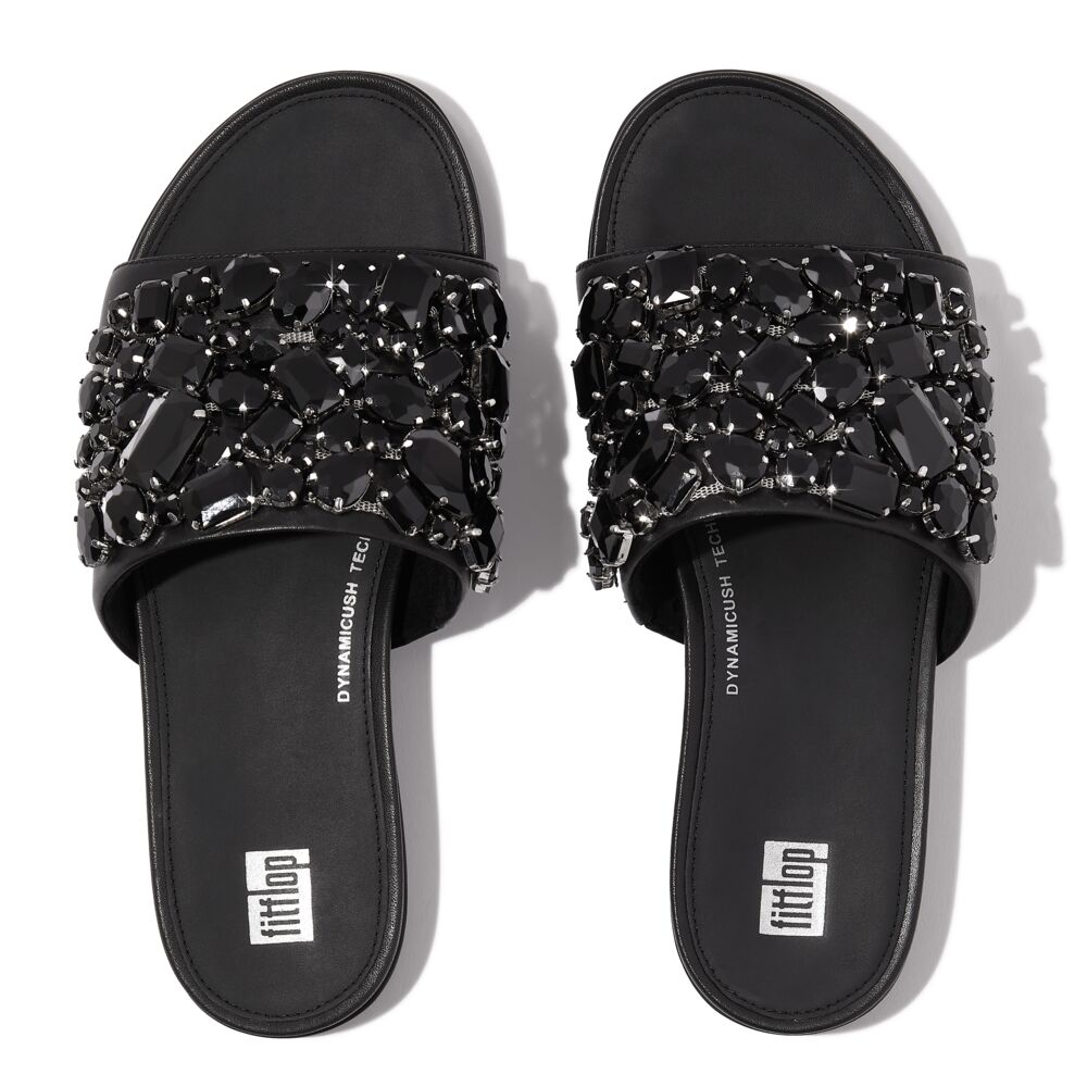 Gracie Jewel Deluxe Leather Slide Sandals Black