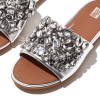 Gracie Jewel Deluxe Metallic Leather Slides Silver