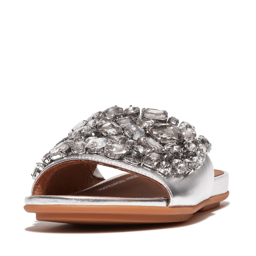 Gracie Jewel Deluxe Metallic Leather Slides Silver The Shoe Gallery