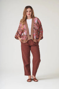 Model wears the Giant Kantha Dsk Kimono by One Hundred Stars available at The SHOE GALLERY 
