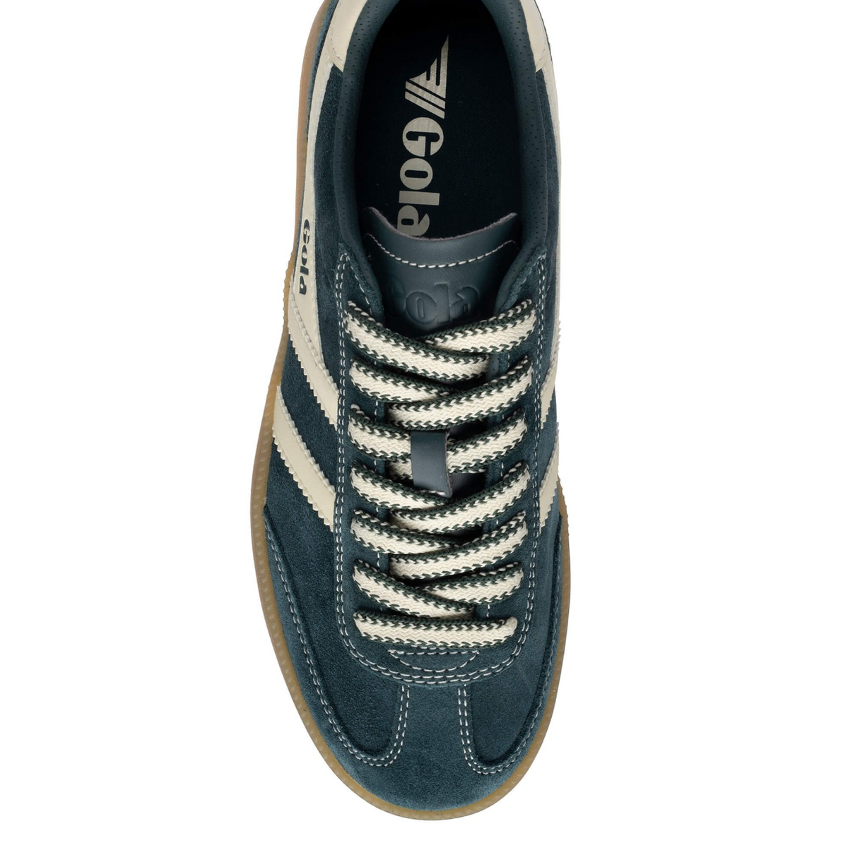 Gola teal blue suede trainer with cream-colored side stripe, cream lace, and gum sole. The brand name 'Gola' is printed on the side of the shoe. Available at The Shoe Gallery