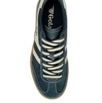 Gola teal blue suede trainer with cream-colored side stripe, cream lace, and gum sole. The brand name 'Gola' is printed on the side of the shoe. Available at The Shoe Gallery